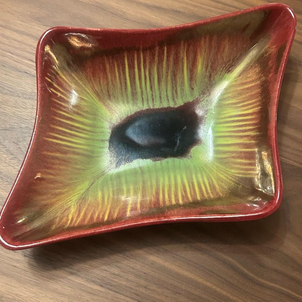 Bay Keramik 920 West German Pottery Dish 10.5” MCM Red Green Lava Glaze Bowl
